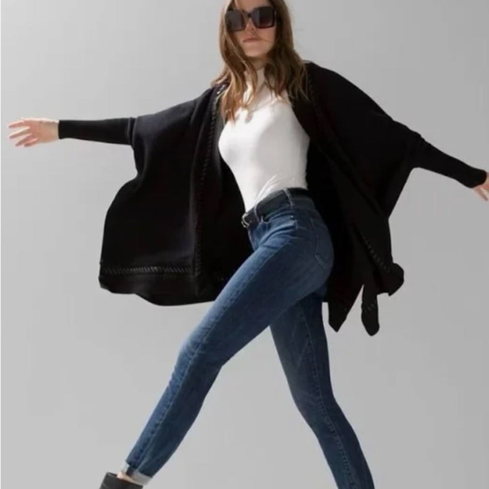WHBM LEATHER Stitch Poncho Black Cardigan